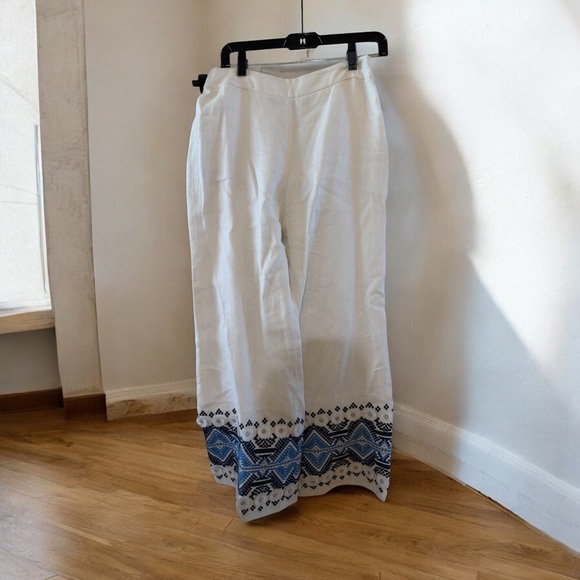 Alexis Pants - Alexis White Wide-Leg Pants with Blue Embroidered Hem